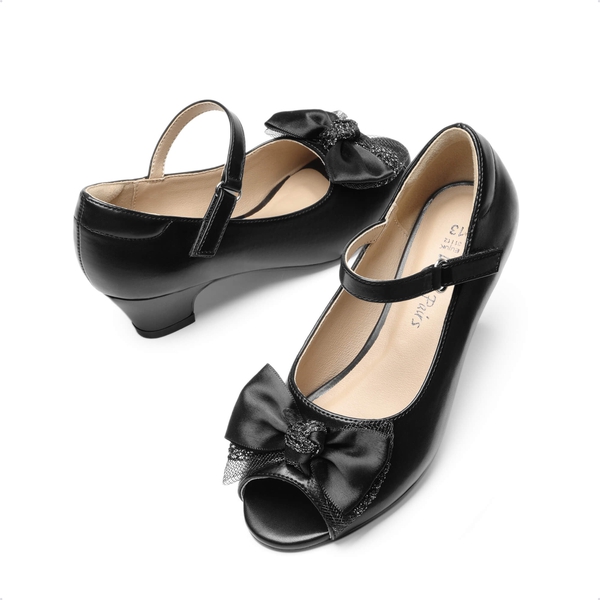 Girls’ Open-Toe Bow Dress Shoes - BLACK-PU - 3